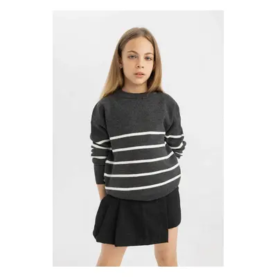 DEFACTO Girl's Anthracite Striped Crew Neck Knitwear School Sweater