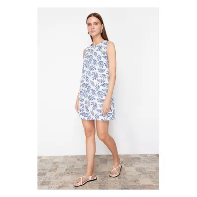 Trendyol Blue Floral Patterned Straight Cut Mini Woven Dress