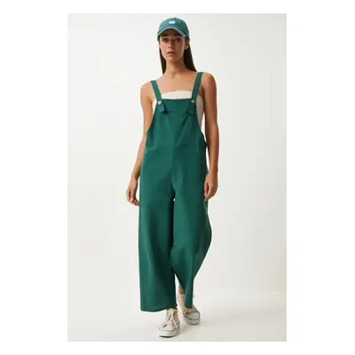 Happiness İstanbul Women's Emerald Green Strappy Thin Gabardine Summer Gardener Overalls