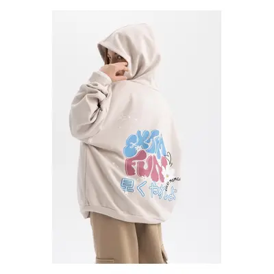 DEFACTO Girl's Oversize Fit Hooded Printed Soft Fuzzy Thick Sweatshirt