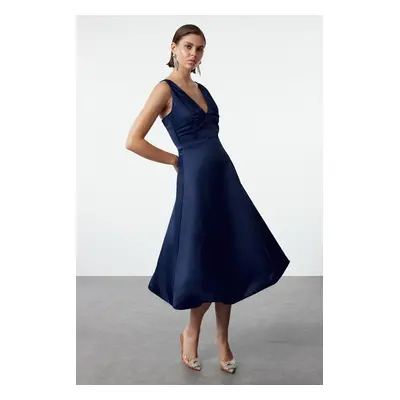 Trendyol Navy Blue A-Line Matte Satin Balloon Skirt Detailed Elegant Evening Dress