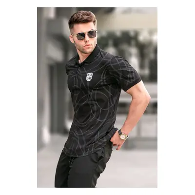 Madmext Black Patterned Polo Neck T-Shirt