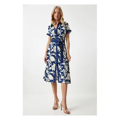 Happiness İstanbul Women's Navy Blue Floral Summer Slim Viscose Dress