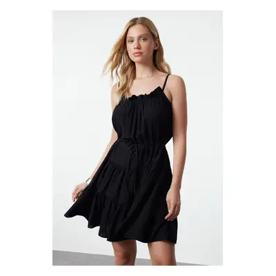 Trendyol Black Skater/Belt Opening Gathered Mini Woven Dress