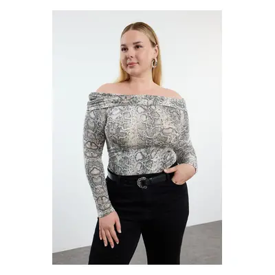 Trendyol Curve Beige Shally Knitted Plus Size Blouse