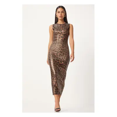 Happiness İstanbul Women's Black Beige Leopard Patterned Tight Dress