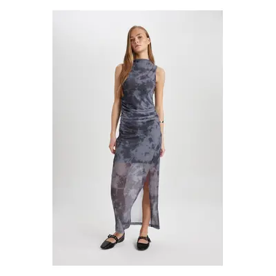 DEFACTO Bodycon High Neck Tie-Dye Tulle Sleeveless Midi Dress