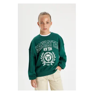 DEFACTO Girls Oversize Wide Pattern Crew Neck Printed School Sweatshirt