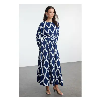 Trendyol Navy Blue Patterned Belt Detailed Crinkle Woven Dress