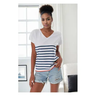 92125 Dewberry Striped Marine Short Sleeve Knitwear T-shirt-WHITE