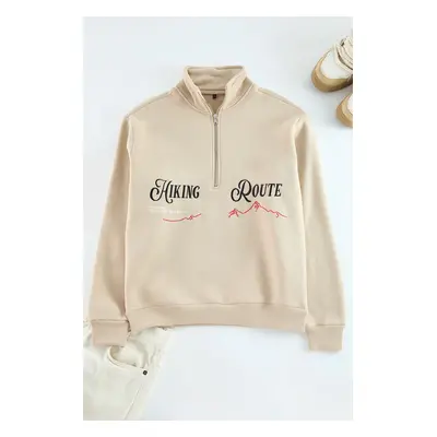 Trendyol Beige Oversize/Wide Cut Text Embroidered Sweatshirt with Fleece Inside Stand Collar Zip