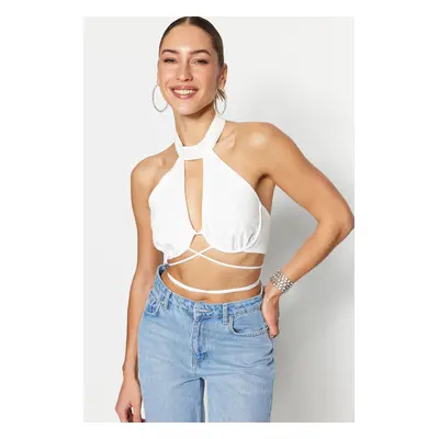 Trendyol Ecru Crop Lined Woven Tie Window/Cut Out Detailed Bustier