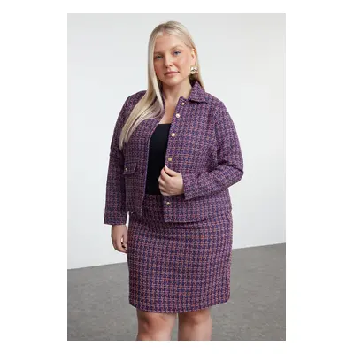 Trendyol Curve Purple Buttoned Plaid/Checked Tweed Woven Plus Size Women's Jacket