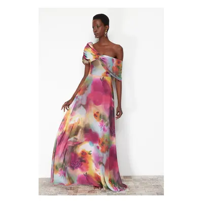 Trendyol Multi-Colored A-Line Lined Asymmetrical Neckline Woven Chiffon Long Evening Evening Dre