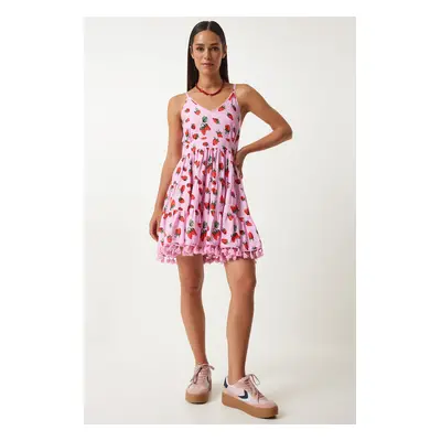 Happiness İstanbul Women's Red Pink Patterned Strappy Summer Viscose Dress