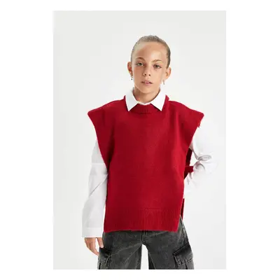 DEFACTO Girl's Red Crew Neck Plain Sweater