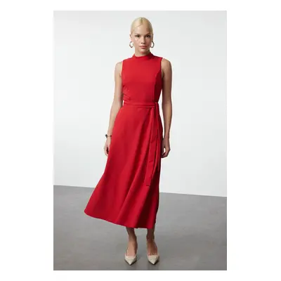 Trendyol Red Belted Waist Opening Stand Collar Midi Woven Dress