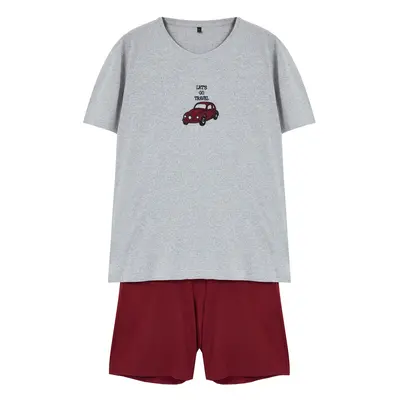 Trendyol Men's Gray - Claret Red Regular Fit Embroidered Knitted 3-Piece Pajama Set