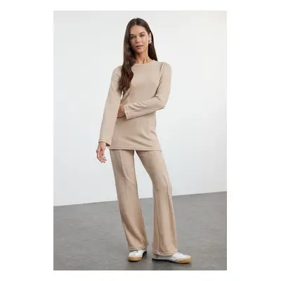 Trendyol Beige Soft Long Sleeve Crew Neck Blouse and Trousers Flexible Knitted Top-Bottom Set