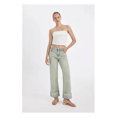 DEFACTO Straight Fit High Waist Folded Leg Ankle Length Jean Washed Trousers