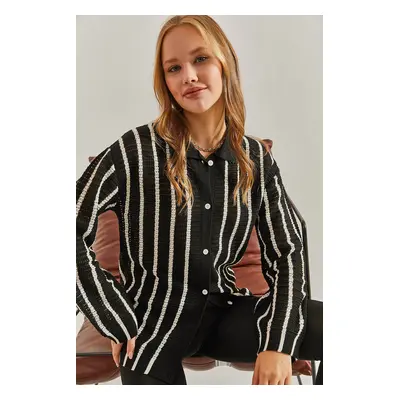 Bianco Lucci Women's Shirt Collar Long Sleeve Striped Cardigan