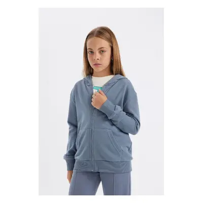 DEFACTO Girls Basic Hooded Pocket Zippered School Cardigan