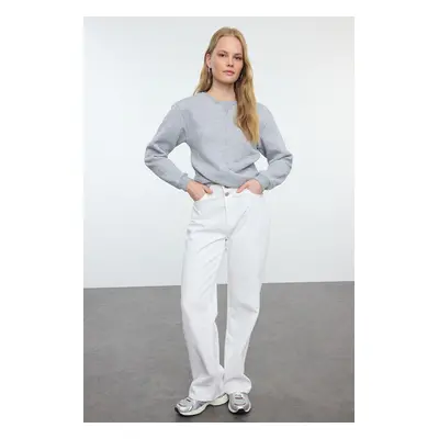 Trendyol Gray Melange Twirl Detailed Crop Thick Inside Fleece Crew Neck Knitted Sweatshirt