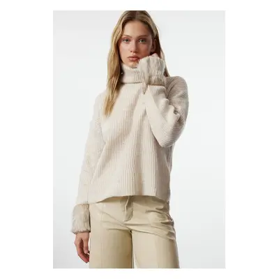 Trendyol Stone Soft Textured Sleeve Tip Fur Knitwear Sweater