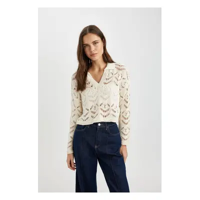 DEFACTO Relax Fit Polo Neck Crochet Sweater