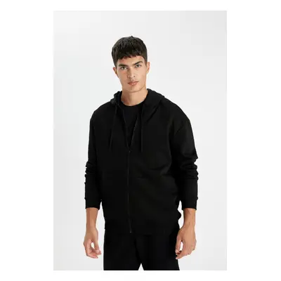 DEFACTO Men's Black Hooded Soft Fuzzy Inside Zipper Thick Cotton Sweatshirt Cardigan