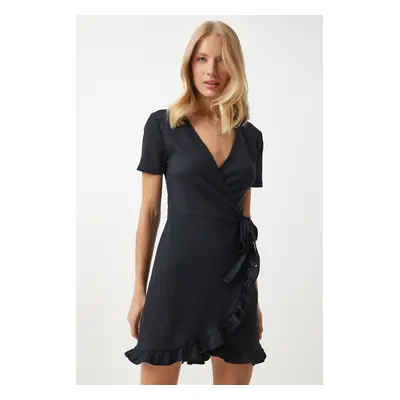 Happiness İstanbul Women's Black Flounce Wrap Collar Knitted Dress