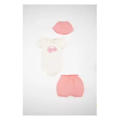 DEFACTO Baby Girl 3-Piece Set Printed Muslin Fabric Short Sleeve Snapback Bodysuit Shorts Hat