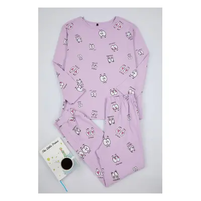 Trendyol Lilac Cotton Eye Patterned T-shirt-Jogger Knitted Pajama Set