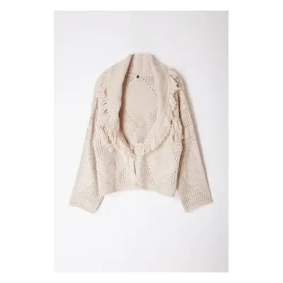 Trendyol Stone Wide Pattern Tassel Detailed Knitwear Cardigan