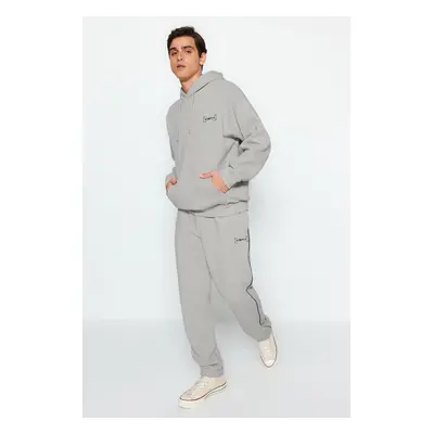 Trendyol Grey Oversize/Wide Cut Hooded Embroidered Inner Fleece/Warm Tracksuit