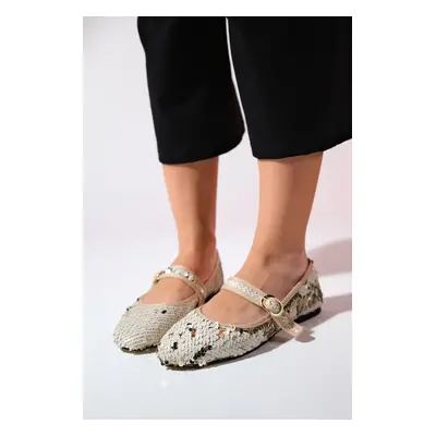 LuviShoes VESLA Beige Sequined Flat Women's Flat Shoes