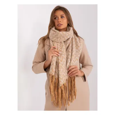 Camel and white patterned scarf with fringe