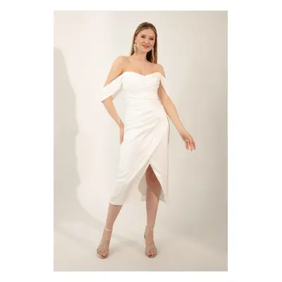 Lafaba Women's White Boat Neck Draped Midi Evening Dress