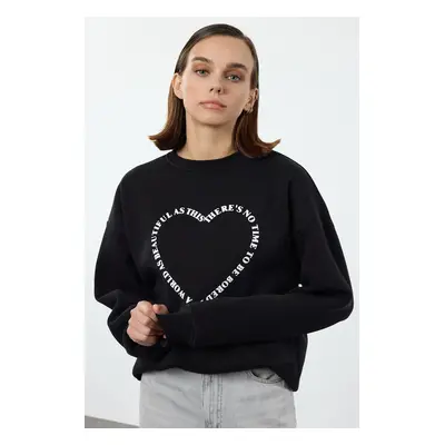 Trendyol Black Oversize/Wide Pattern Back Printed Thick Inside Polar Fleece Knitted Sweatshirt