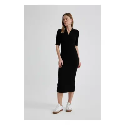 DEFACTO Bodycon Polo Neck Ribbed Camisole Short Sleeve Midi Dress