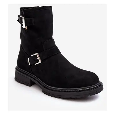 Women's flat heel boots with buckles Black Bliggore