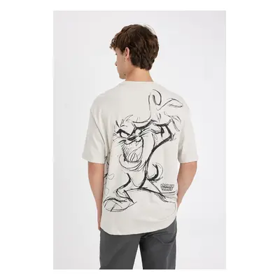 DEFACTO Looney Tunes Men's Beige Loose Cut Crew Neck Back Printed Cotton Short Sleeve T-Shirt