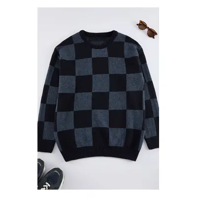 Trendyol Navy Blue FL Men's Oversize Crew Neck Plaid / Checkered Knitwear Sweater