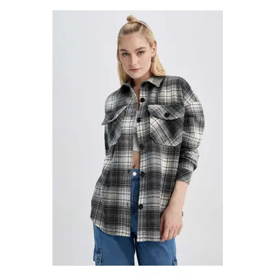 DEFACTO Oversize Fit Shirt Collar Flannel Long Sleeve Tunic