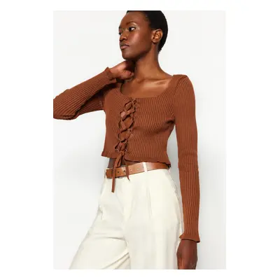 Trendyol Brown Crop Eyelet Detailed Knitwear Sweater