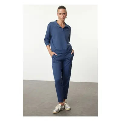 Trendyol Indigo Regular/Normal Pattern Polo Neck Thin Knitted Tracksuit Set