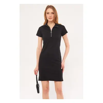 armonika Women's Black Collar Zippered Body-Fitting Above Knee Short Sleeve Dress