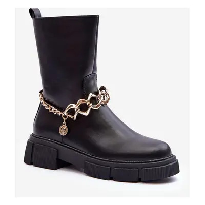 Leather high boots with chain black Pugen