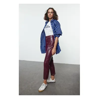 Trendyol Claret Red Faux Leather Cigarette Zippered Woven Trousers