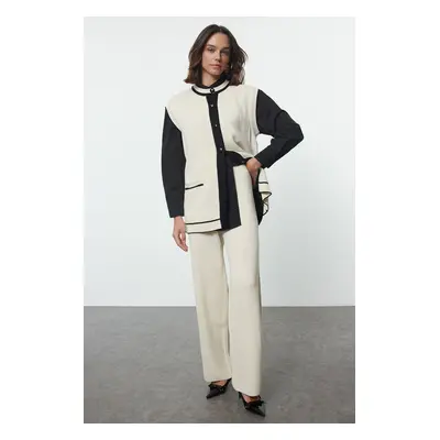 Trendyol Light Beige Black Piping Knitwear Vest Top-Bottom Set